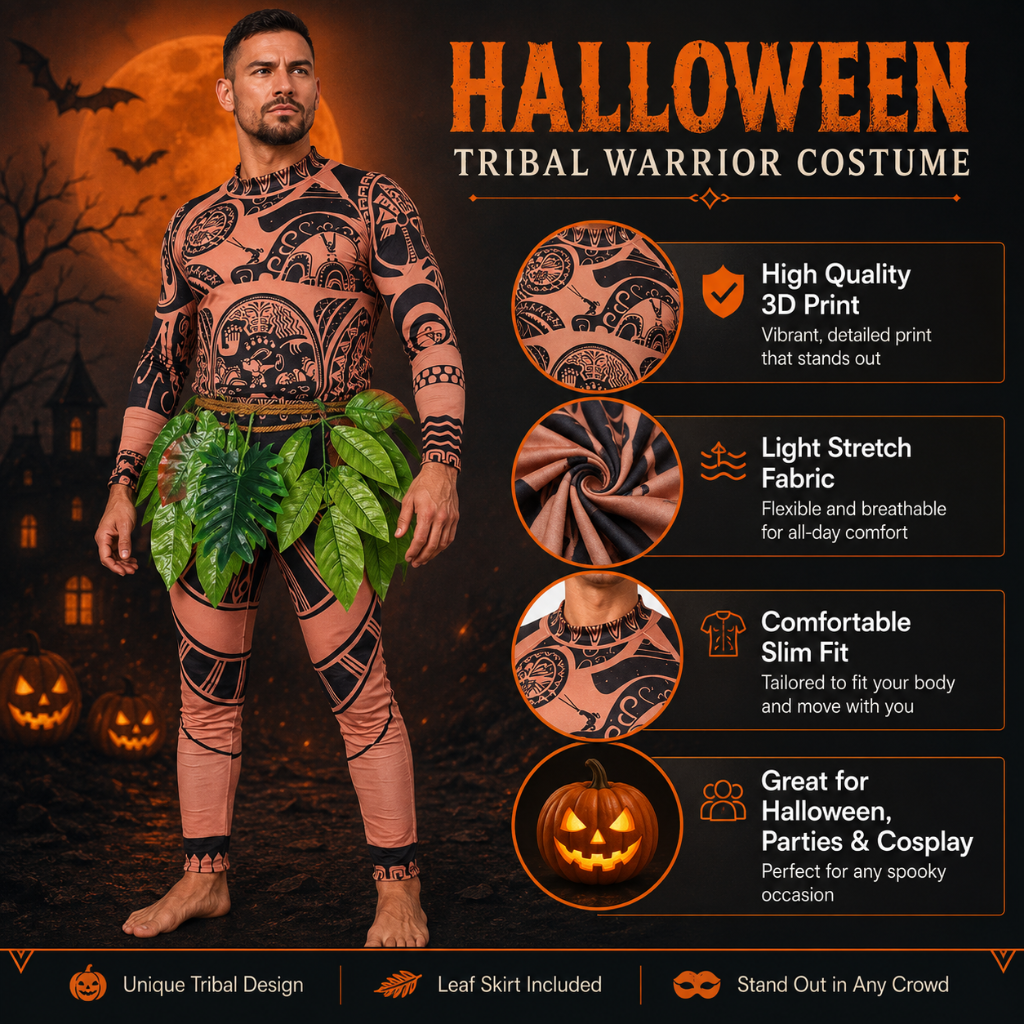 Halloween Tribal Warrior Costume with Tattoo Bodysuit and Faux Leaf Skirt - Image 3