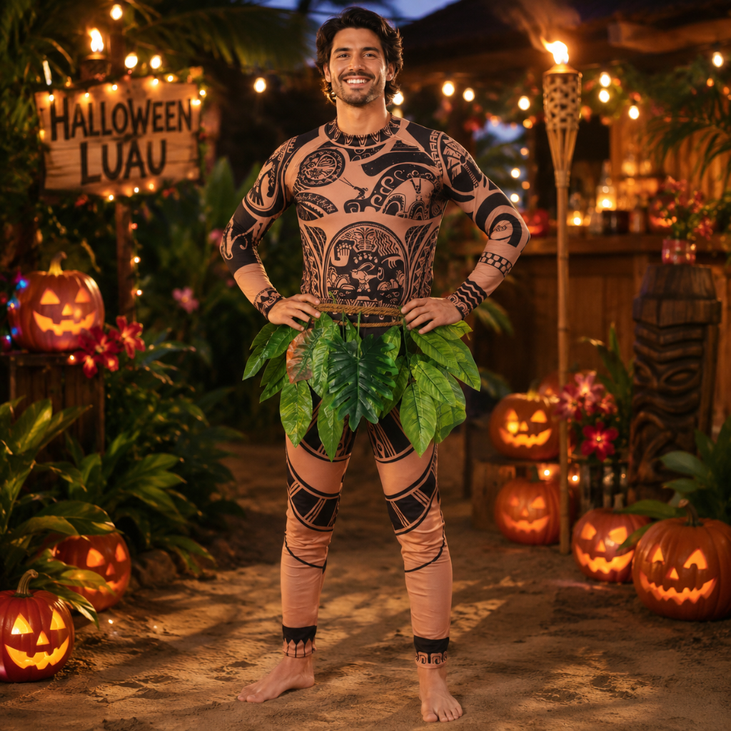 Halloween Tribal Warrior Costume with Tattoo Bodysuit and Faux Leaf Skirt - Image 4
