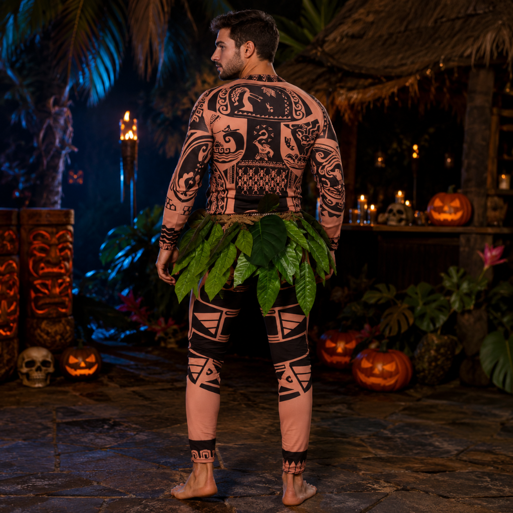 Halloween Tribal Warrior Costume with Tattoo Bodysuit and Faux Leaf Skirt - Image 5