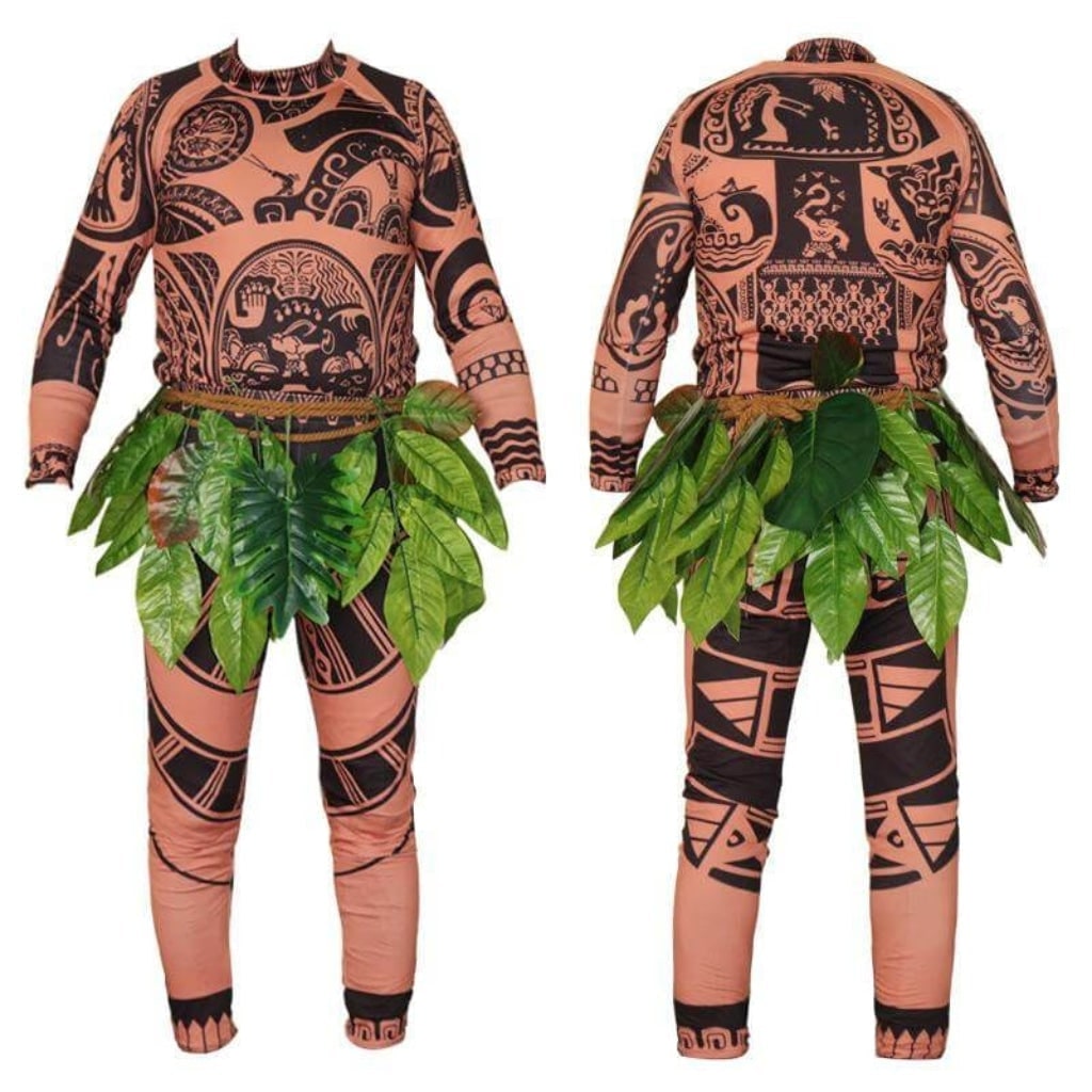 Halloween Tribal Warrior Costume with Tattoo Bodysuit and Faux Leaf Skirt - Image 6
