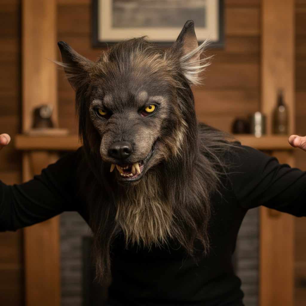 Halloween Werewolf Mask with Realistic Faux Fur Yellow Eyes and Sharp Fangs - Image 1