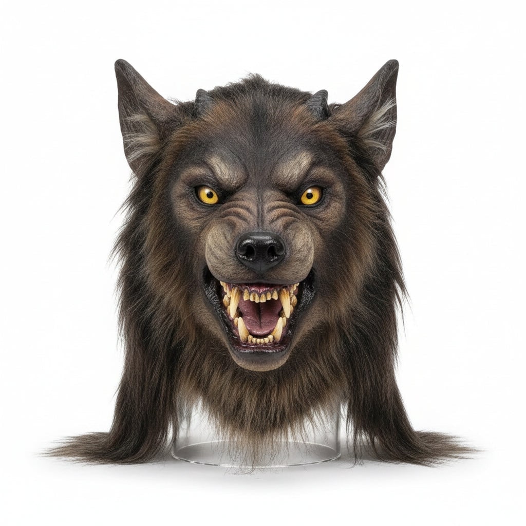 Halloween Werewolf Mask with Realistic Faux Fur Yellow Eyes and Sharp Fangs - Image 3