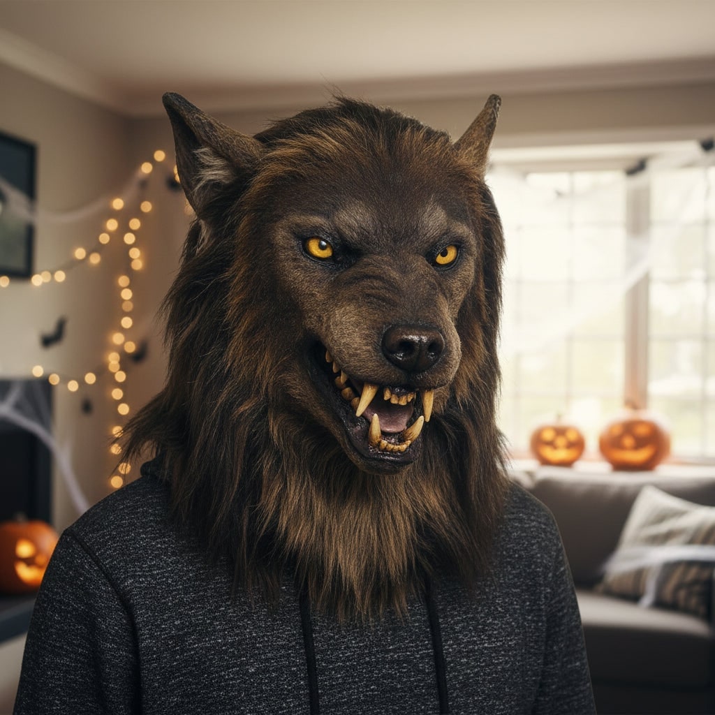 Halloween Werewolf Mask with Realistic Faux Fur Yellow Eyes and Sharp Fangs - Image 4