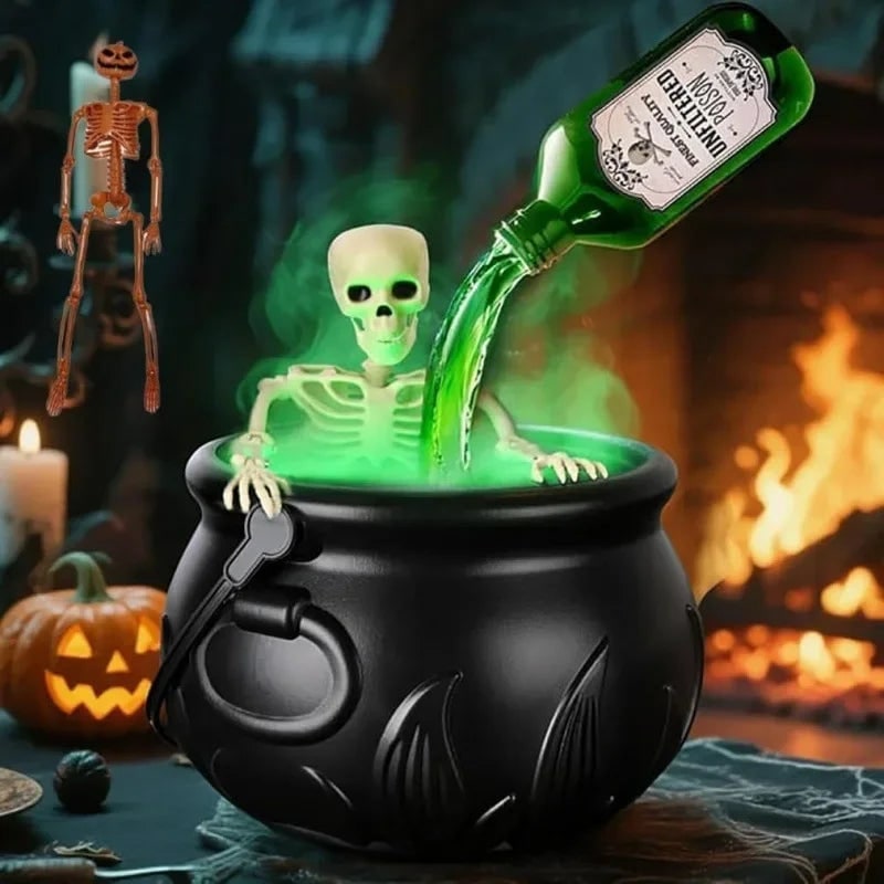 Halloween Witch Cauldron Decoration with Mist Maker LED Lights and Floating Bottle Prop - Image 1