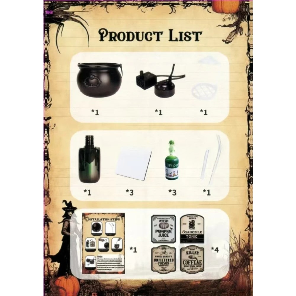 Halloween Witch Cauldron Decoration with Mist Maker LED Lights and Floating Bottle Prop - Image 14