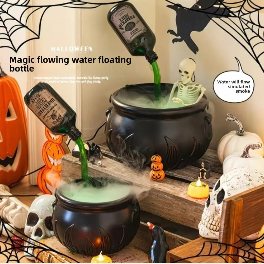 Halloween Witch Cauldron Decoration with Mist Maker LED Lights and Floating Bottle Prop - Image 2