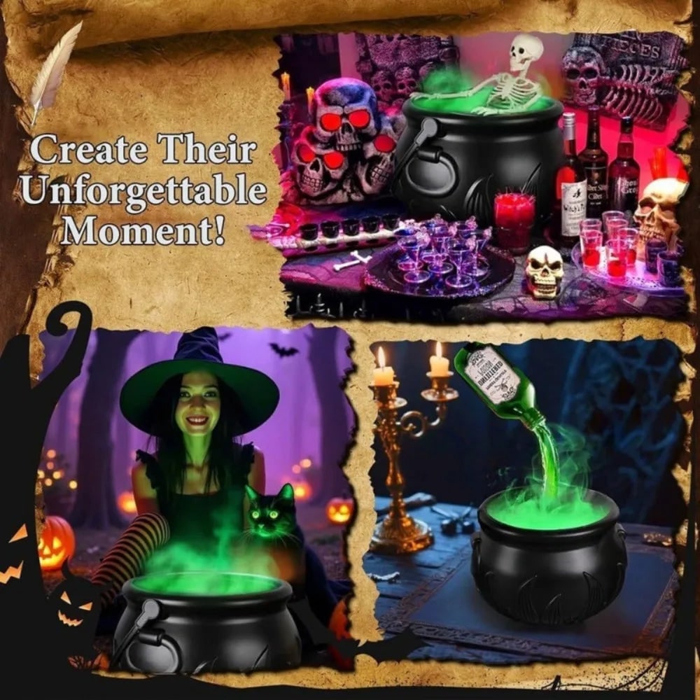 Halloween Witch Cauldron Decoration with Mist Maker LED Lights and Floating Bottle Prop - Image 3