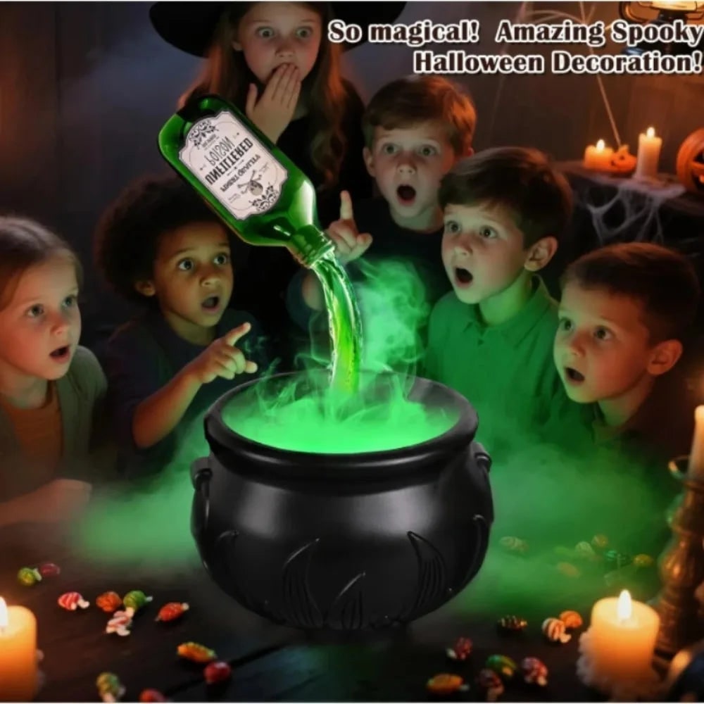Halloween Witch Cauldron Decoration with Mist Maker LED Lights and Floating Bottle Prop - Image 4