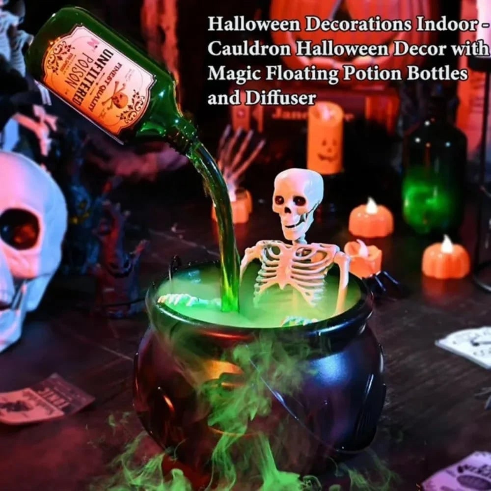 Halloween Witch Cauldron Decoration with Mist Maker LED Lights and Floating Bottle Prop - Image 8