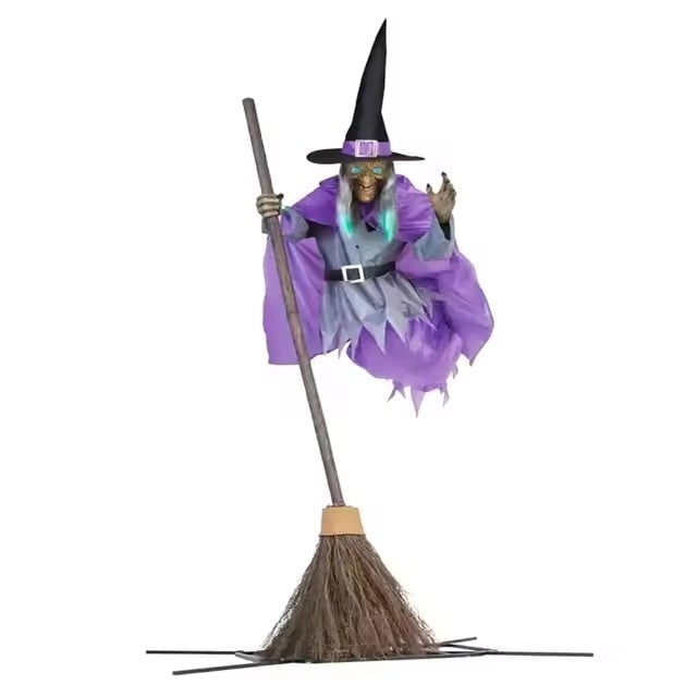 Halloween Witch Decoration Life-Size Flying Prop with Glowing LED Eyes and Broomstick Stand - Image 1