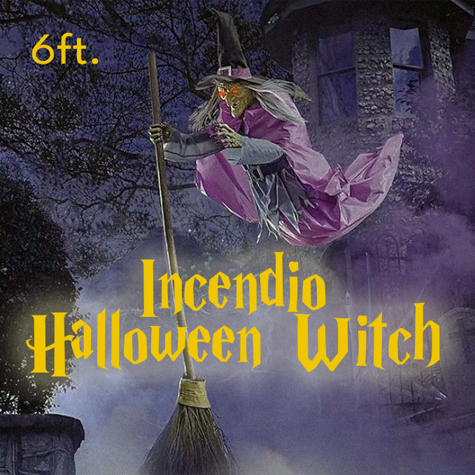 Halloween Witch Decoration Life-Size Flying Prop with Glowing LED Eyes and Broomstick Stand - Image 2