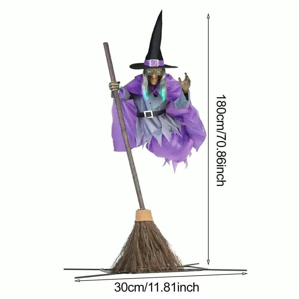 Halloween Witch Decoration Life-Size Flying Prop with Glowing LED Eyes and Broomstick Stand - Image 6