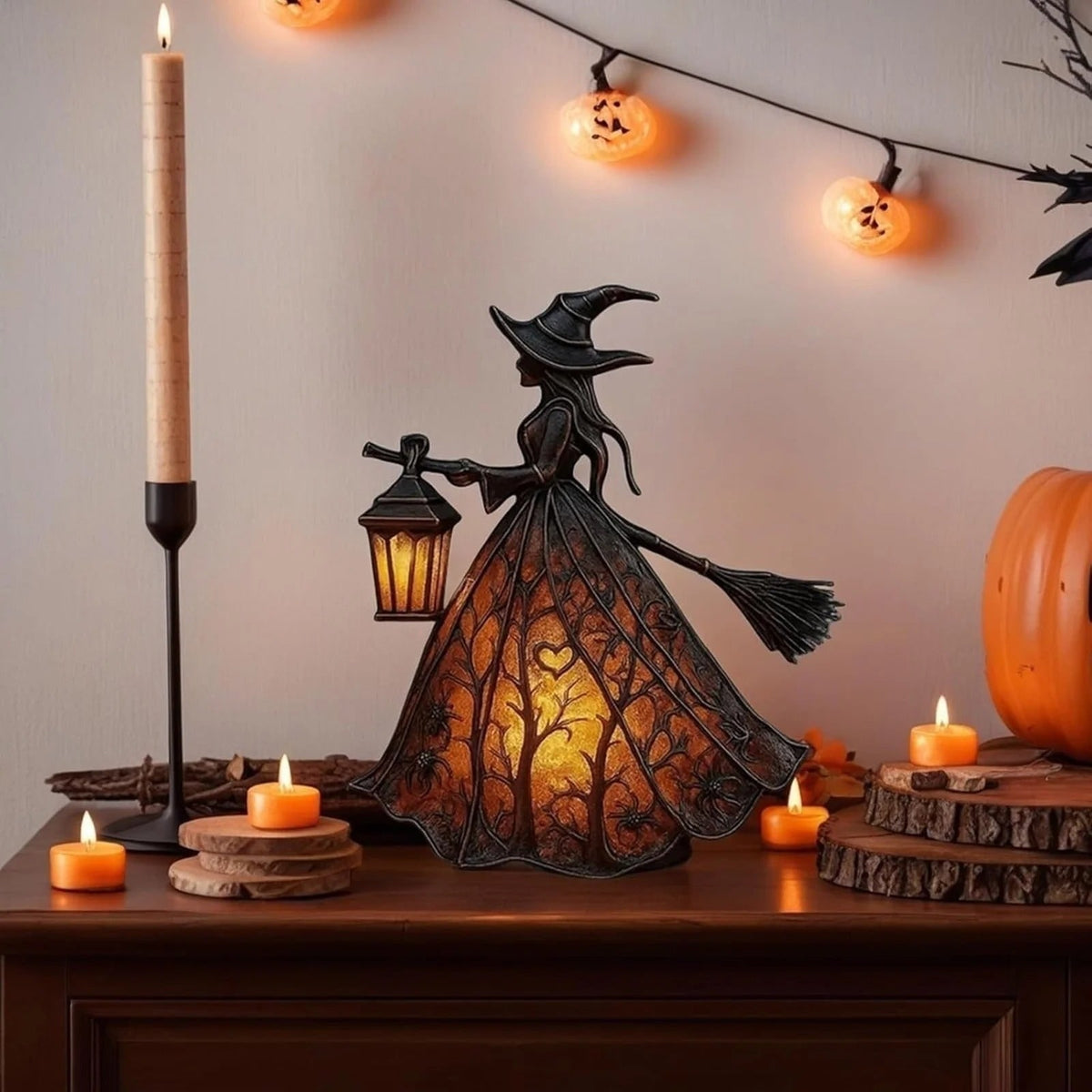 Halloween Witch Decoration with LED Lantern Light and Broomstick for Party - Image 2