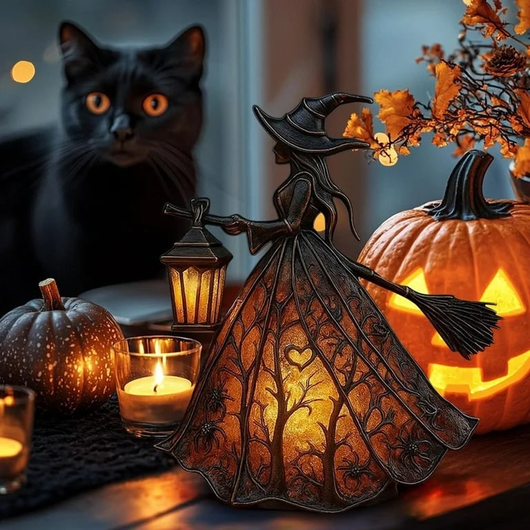 Halloween Witch Decoration with LED Lantern Light and Broomstick for Party - Image 4