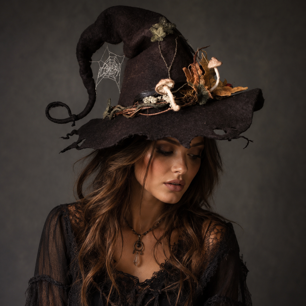 Halloween Witch Hat Costume Accessory with Whimsical Curled Tip and Nature Details - Image 1