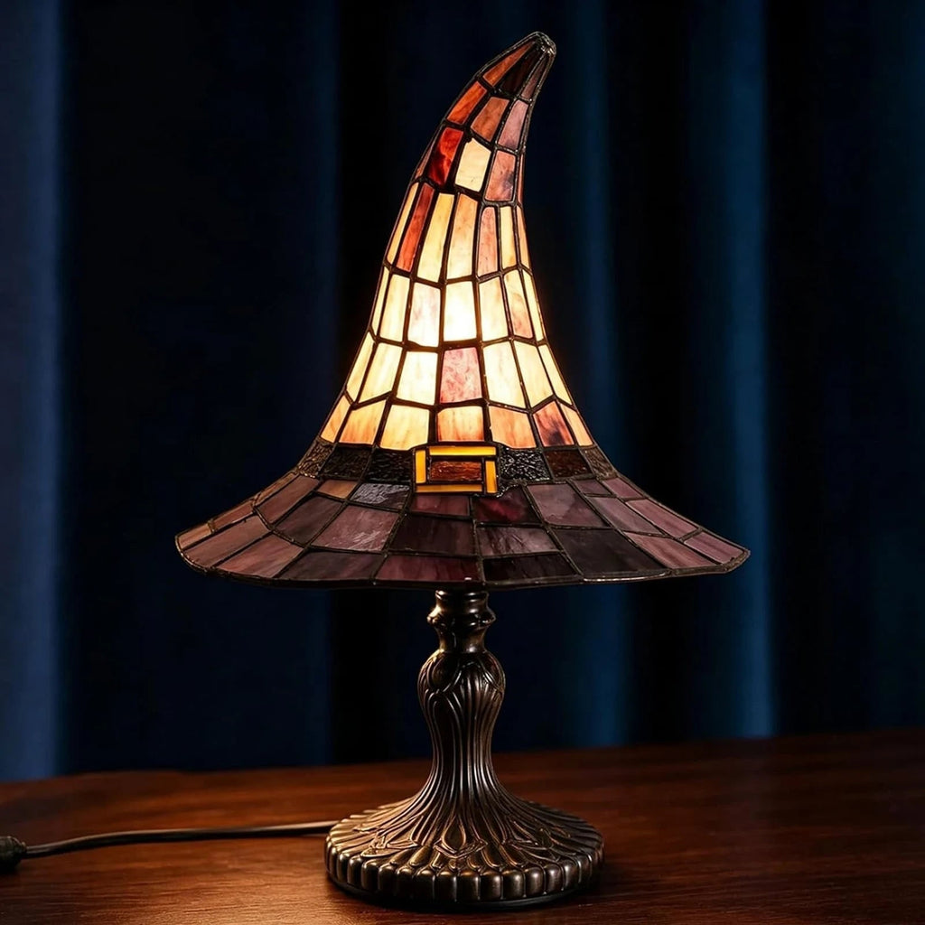 Halloween Witch Hat Table Lamp with Stained Glass Shade and USB Power for Bedside Decoration - Image 1