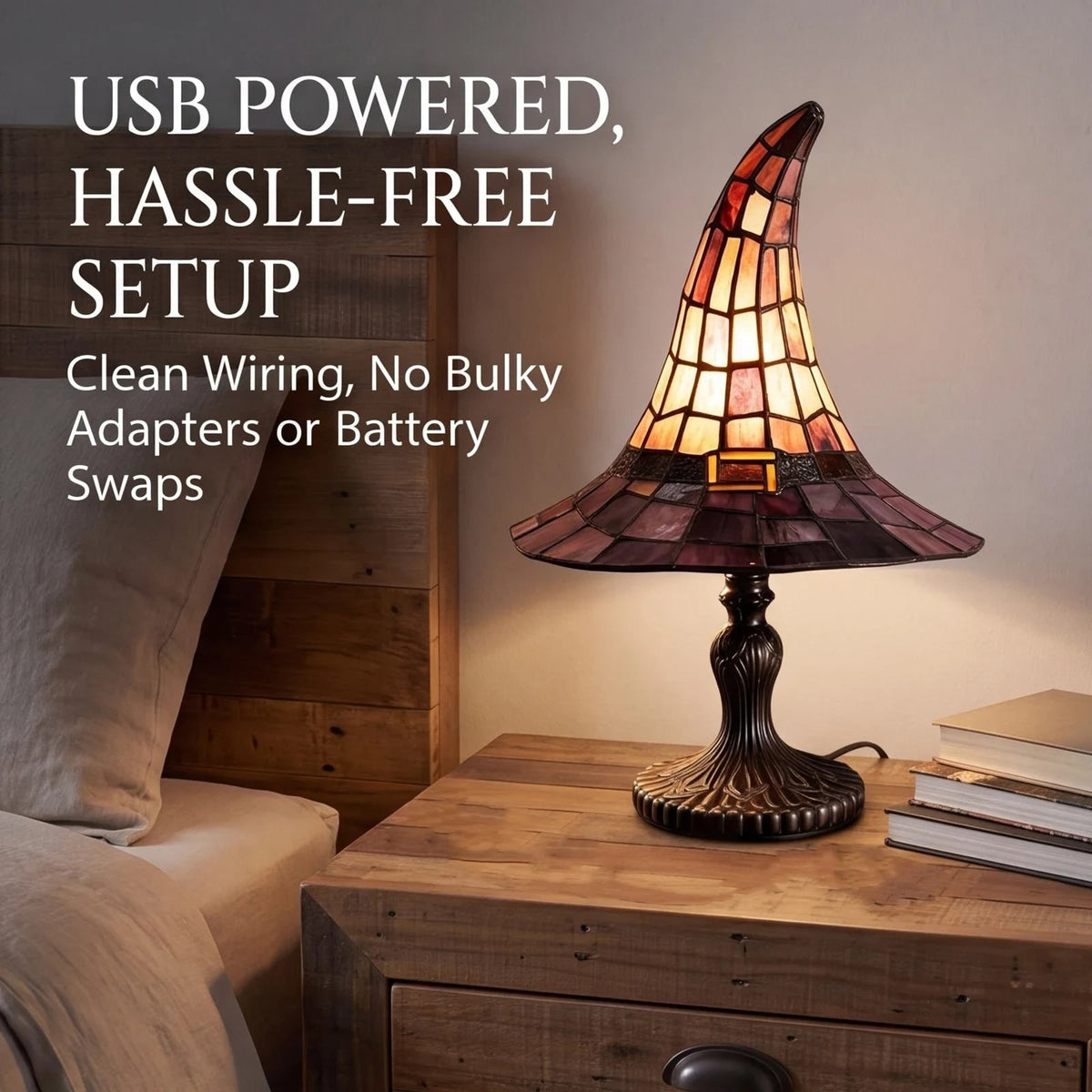 Halloween Witch Hat Table Lamp with Stained Glass Shade and USB Power for Bedside Decoration - Image 2