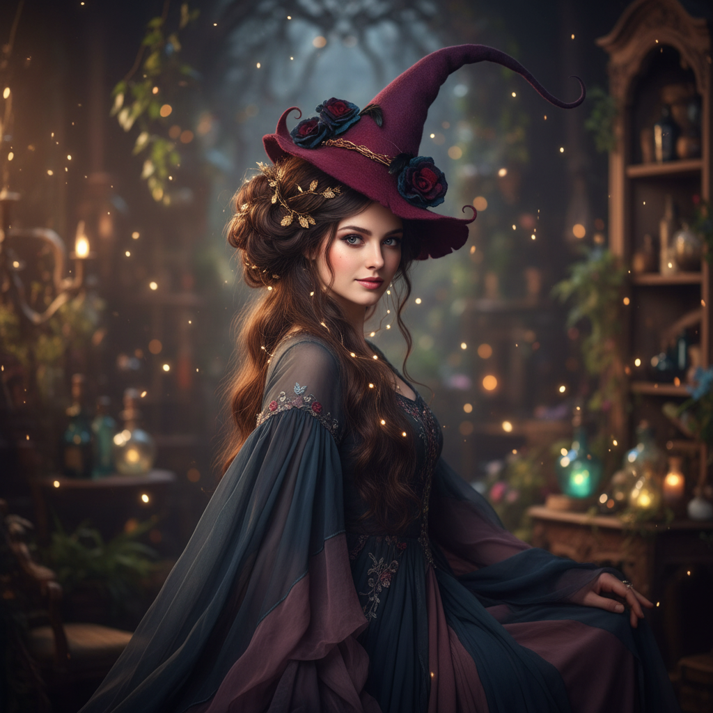 Halloween Witch Hat with Spiderweb Embroidery Floral and Mushroom Details for Costume Party - Image 2