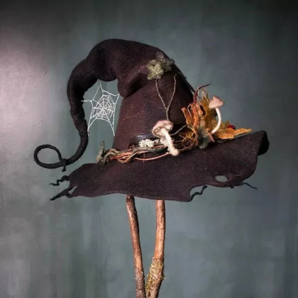 Halloween Witch Hat with Spiderweb Embroidery Floral and Mushroom Details for Costume Party - Image 4