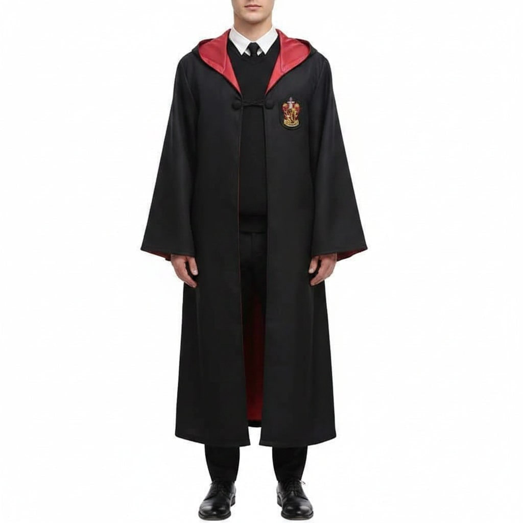 Halloween Wizard Costume Robe with Pointed Hood Embroidered Crest and Wide Flared Sleeves - Image 1