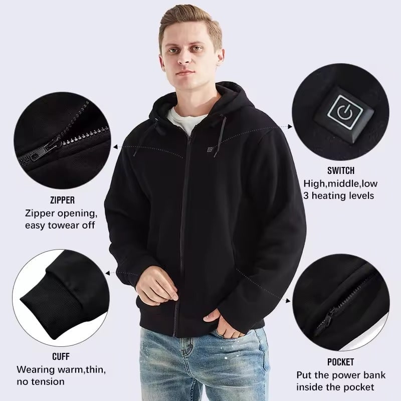 Heated Hoodie with USB Electric Heating Zones and Drawstring Hood - Image 5