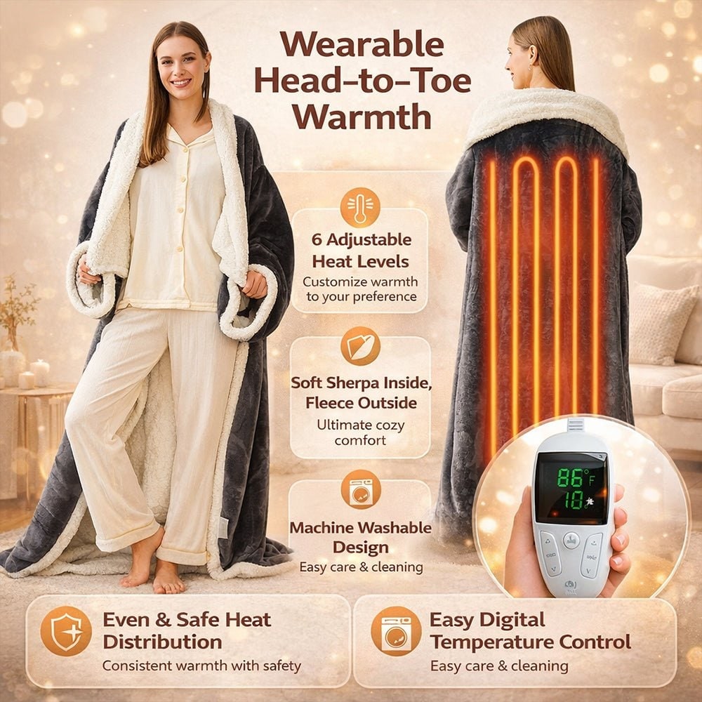 Heated Wearable Blanket with Sleeves Sherpa Lining Foot Pocket and Digital Controller - Image 2