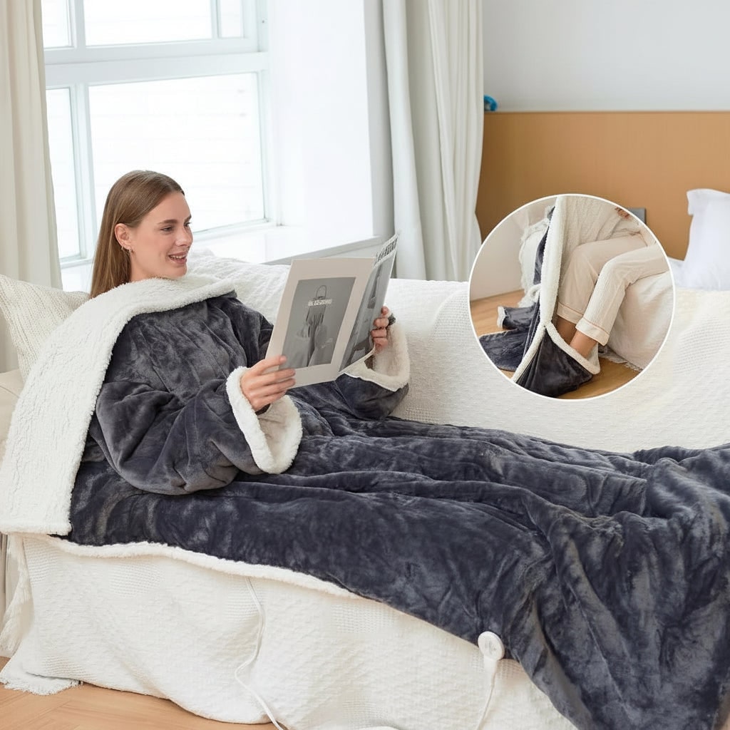 Heated Wearable Blanket with Sleeves Sherpa Lining Foot Pocket and Digital Controller - Image 3