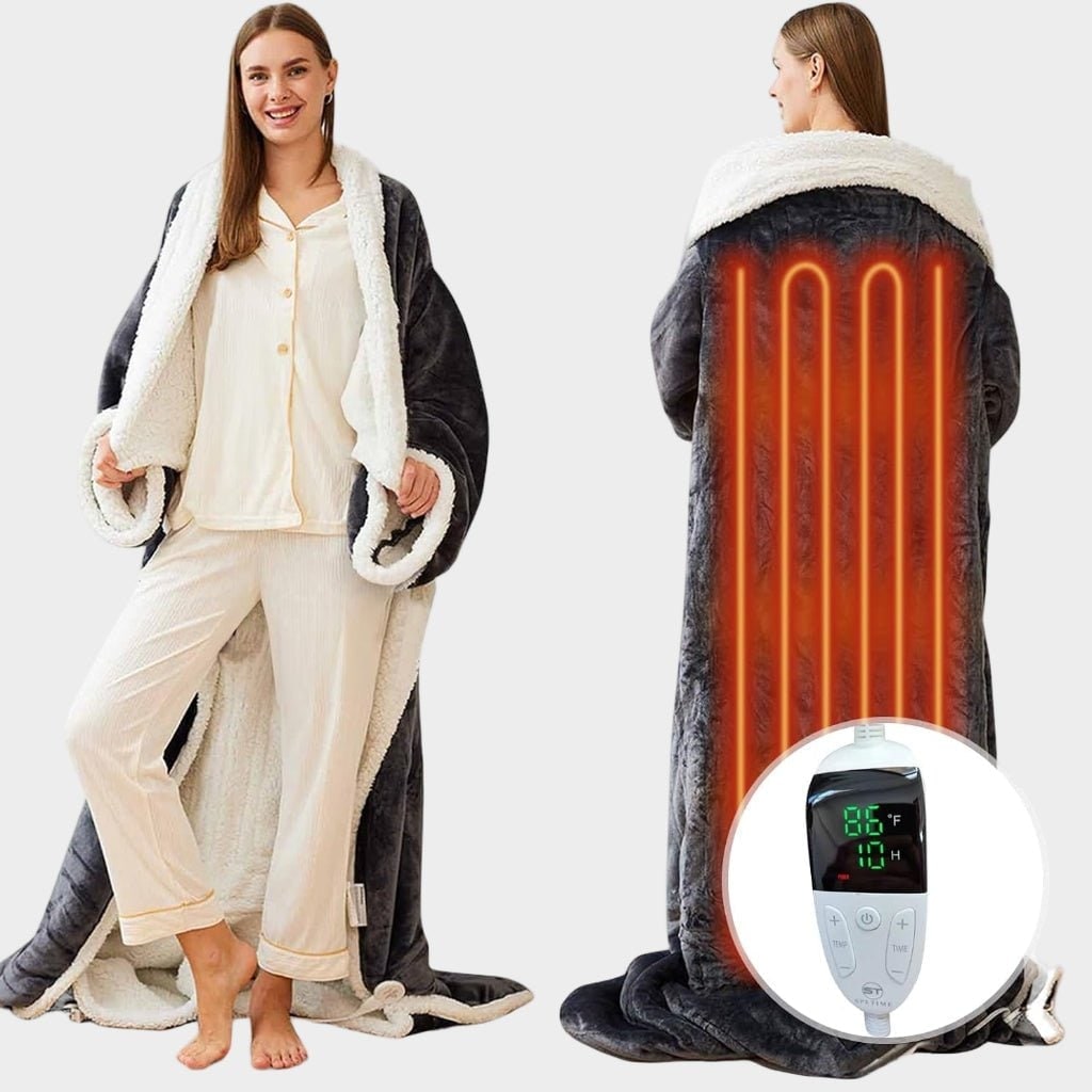 Heated Wearable Blanket with Sleeves Sherpa Lining Foot Pocket and Digital Controller - Image 4
