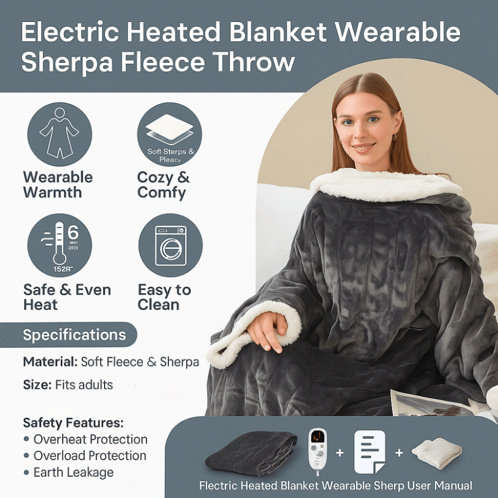 Heated Wearable Blanket with Sleeves Sherpa Lining Foot Pocket and Digital Controller - Image 6