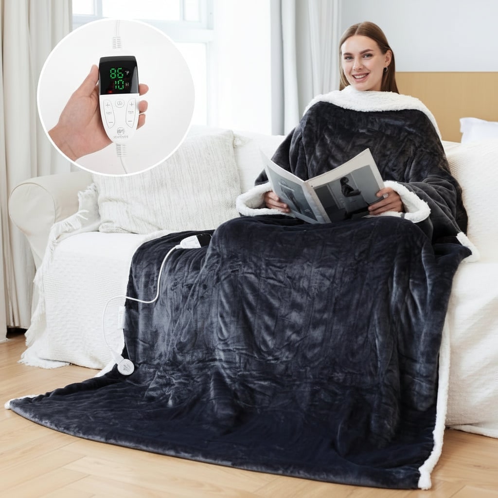 Heated Wearable Blanket with Sleeves Sherpa Lining Foot Pocket and Digital Controller - Image 9