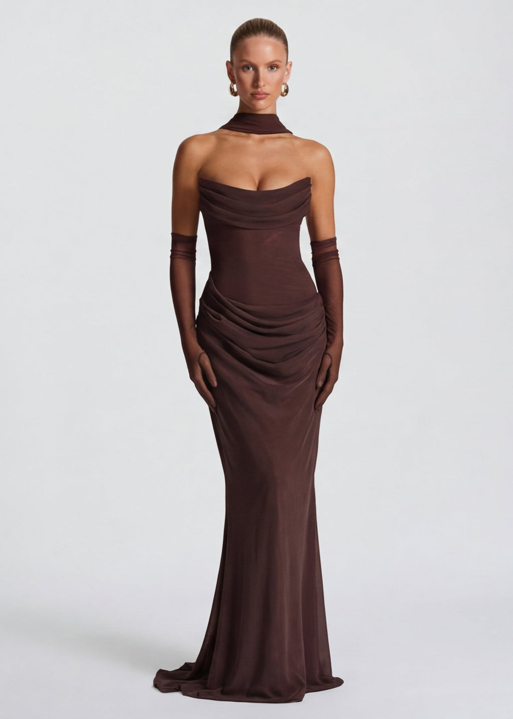 Vestido de noite maxi drapeado para mulher