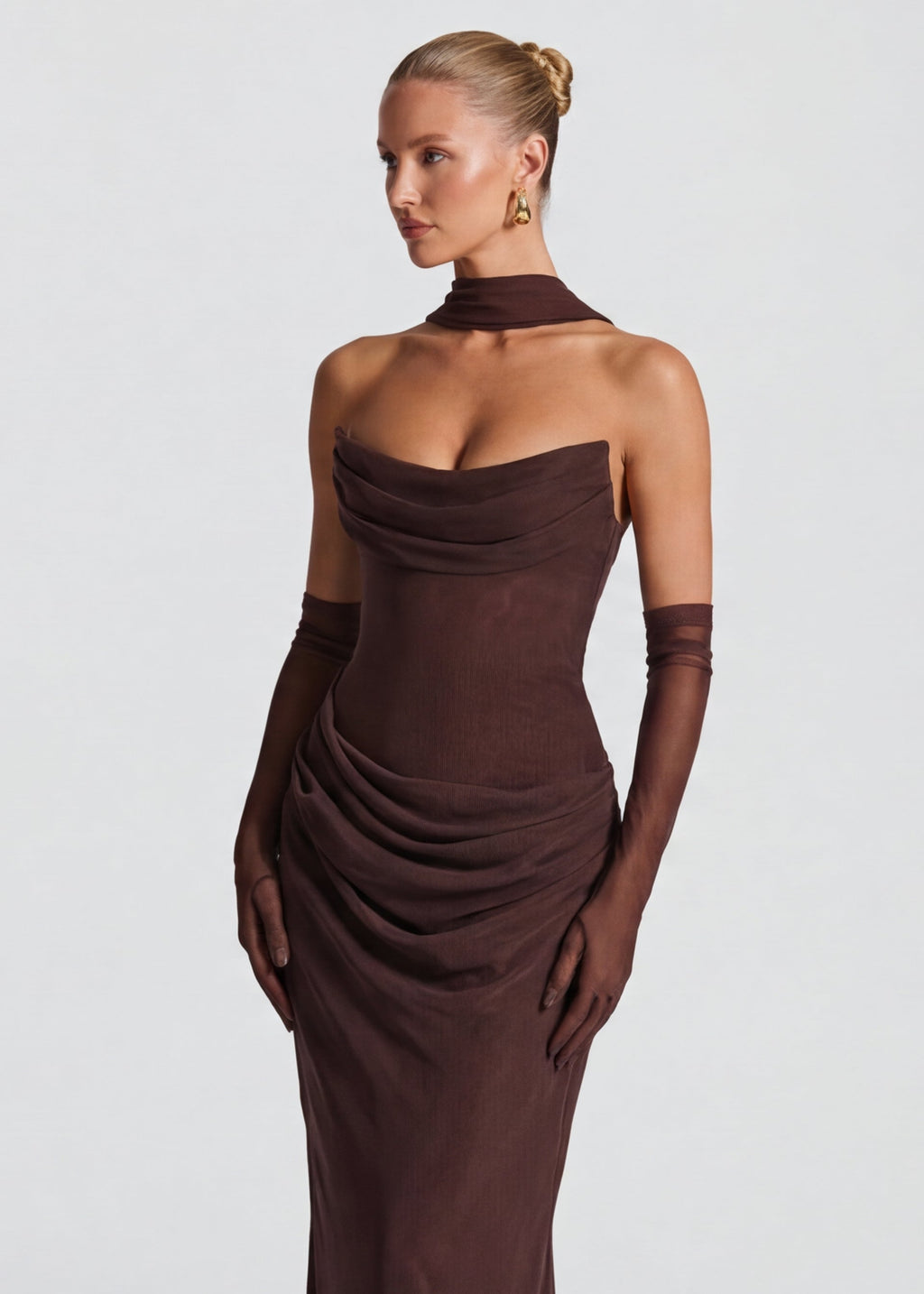Vestido de noite maxi drapeado para mulher