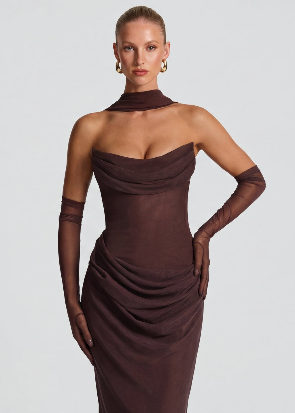 Vestido de noite maxi drapeado para mulher