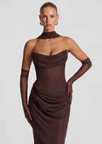 Vestido de noite maxi drapeado para mulher