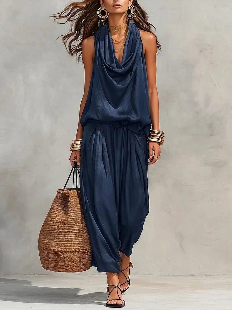 Ilaria | Completo Donna Collo Drappeggiato Blu Scuro