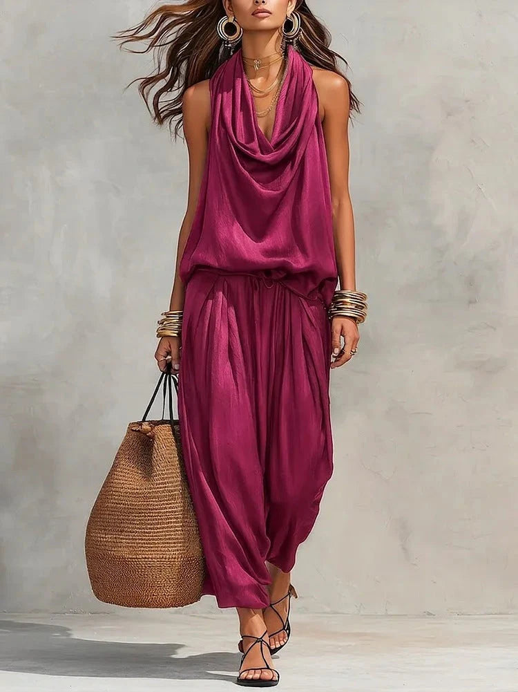 Ilaria | Completo Donna Collo Drappeggiato Fucsia