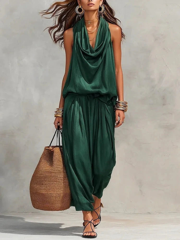 Ilaria | Completo Donna Collo Drappeggiato Verde