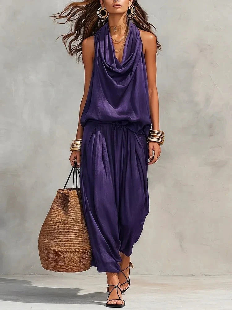 Ilaria | Completo Donna Collo Drappeggiato Viola