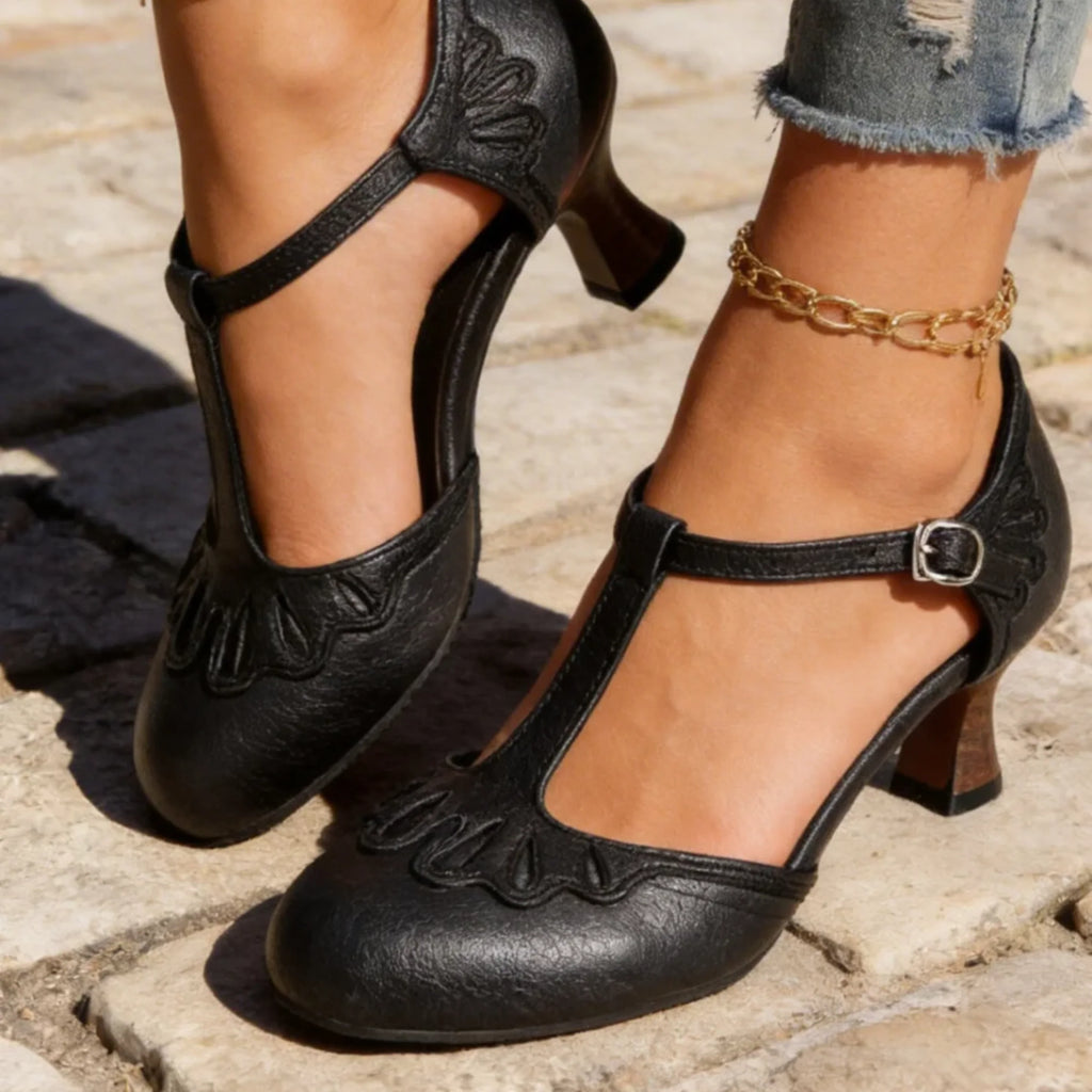 Ilaria | Scarpe Donna Tacco T-Bar Vintage Nero Intramontabile