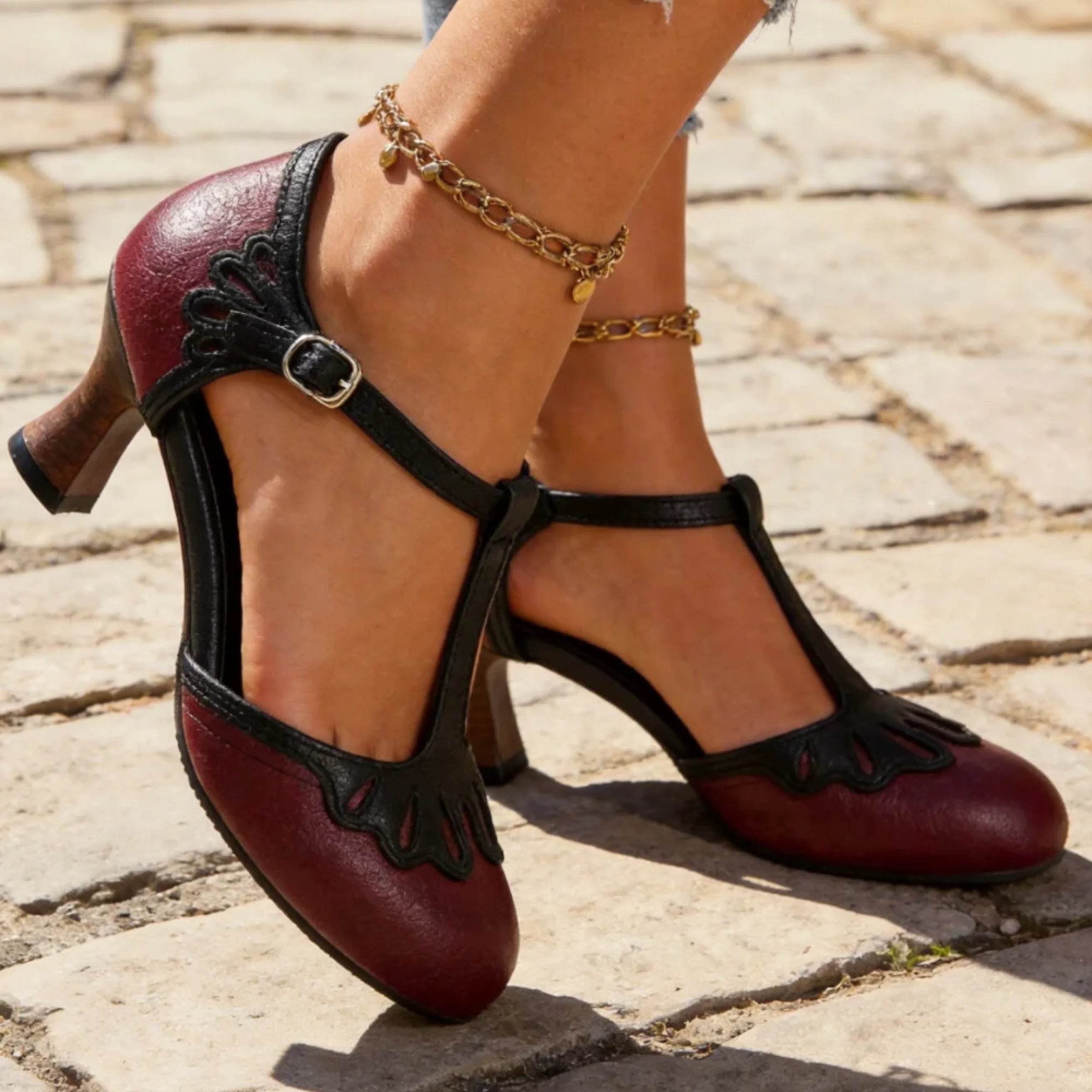 Ilaria | Scarpe Donna Tacco T-Bar Vintage Rosso Bordeaux