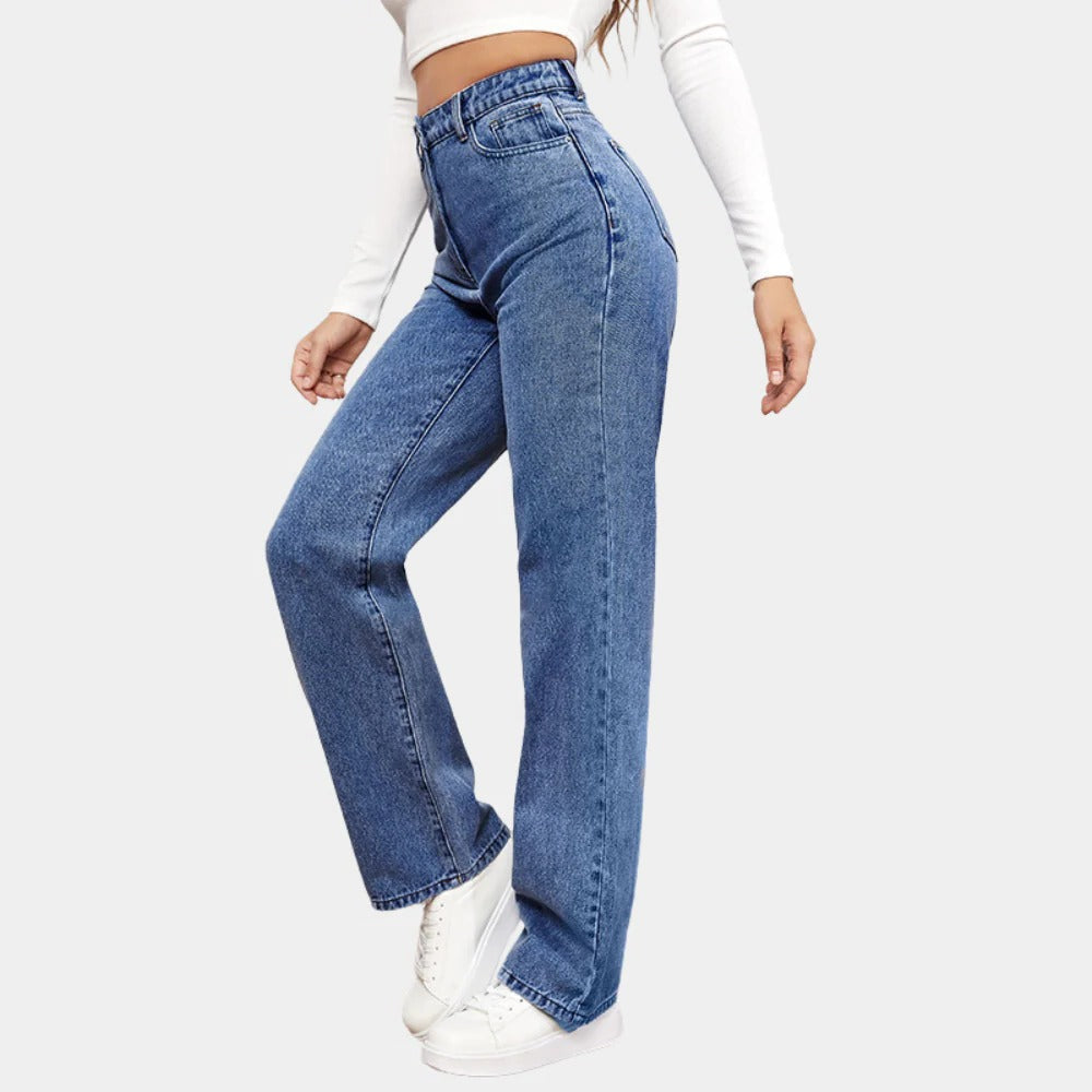 Jeans da donna a vita alta, gamba dritta e ampia