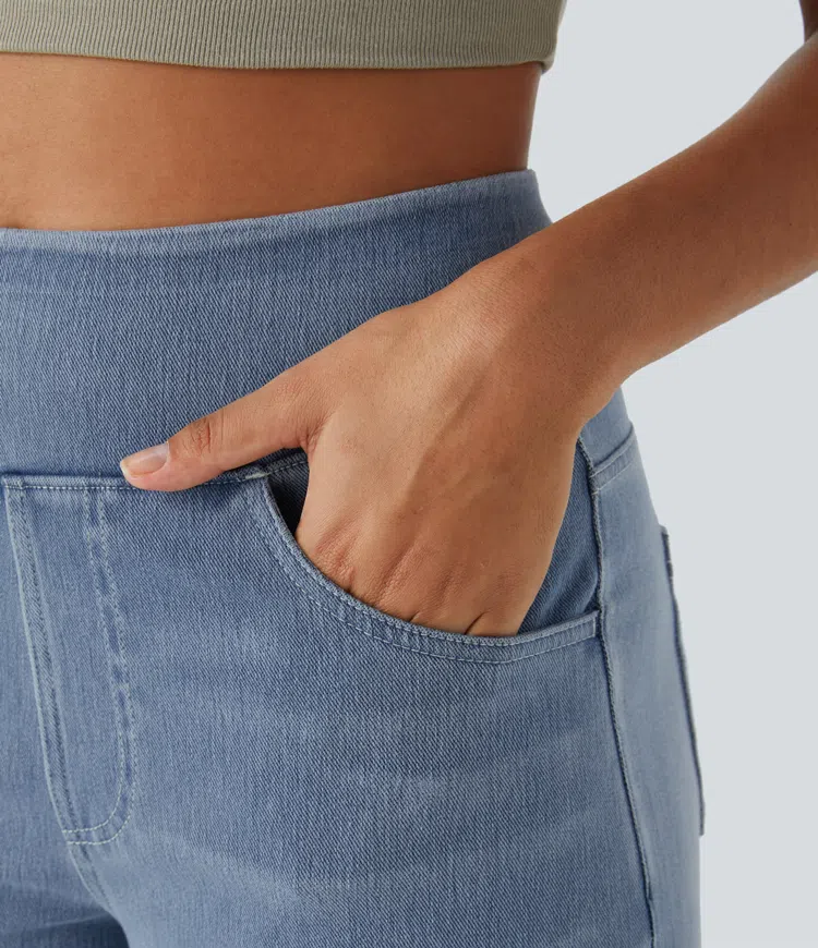 جينز نسائي بخصر عالي وقصة واسعة للساقين للاستخدام اليومي