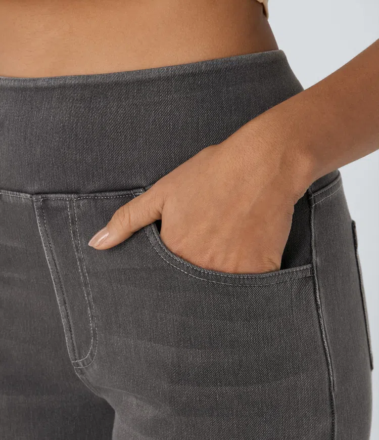 جينز نسائي بخصر عالي وقصة واسعة للساقين للاستخدام اليومي