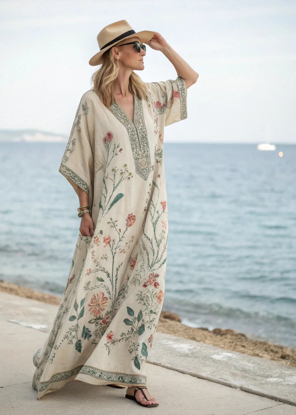 Irene | Abito Caftano Stampa Botanica Oversize Beige Floreale-2