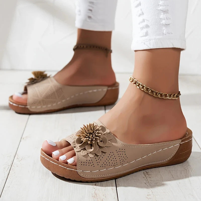 Irene | Ciabatte Donna Zeppa Ortopediche Fiore Kaki