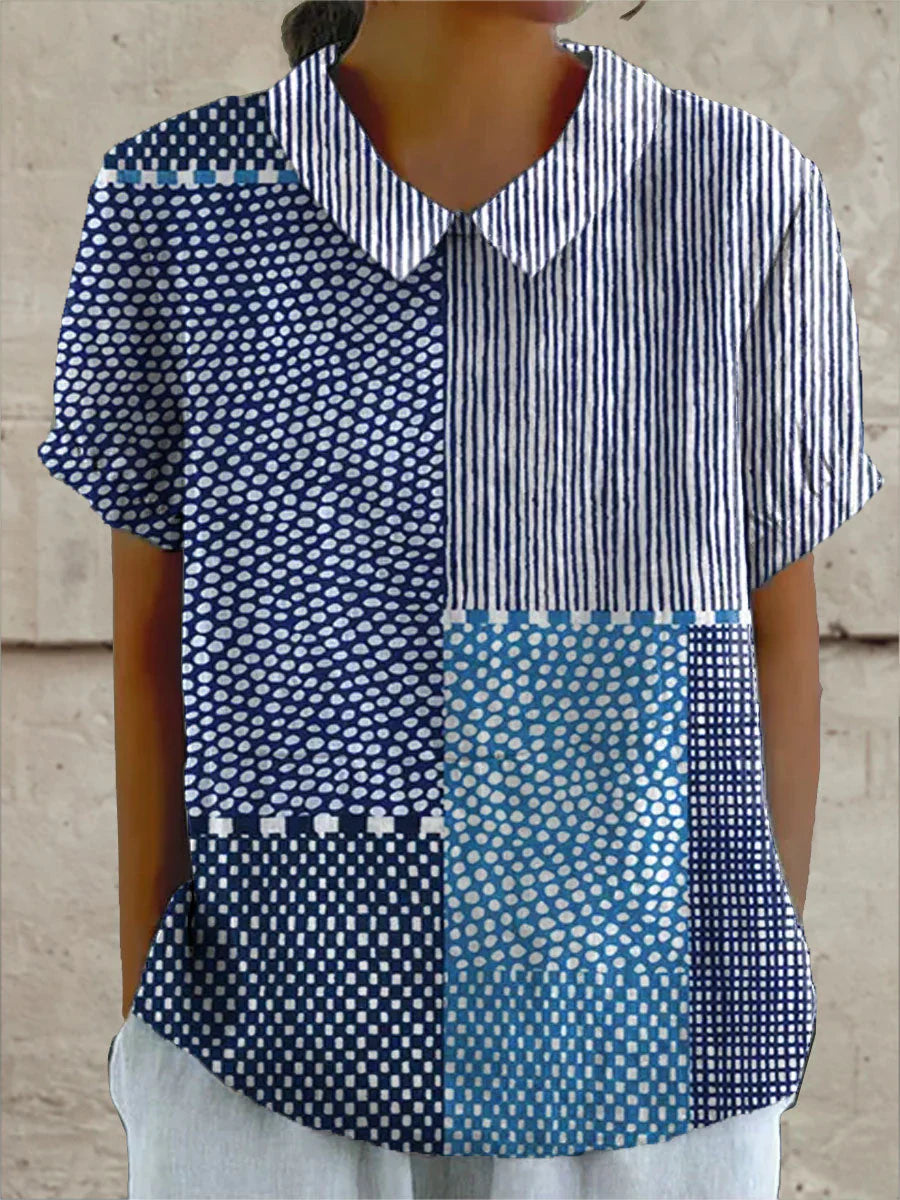 Isabella | Blusa Donna Floreale con Colletto Blu Patchwork
