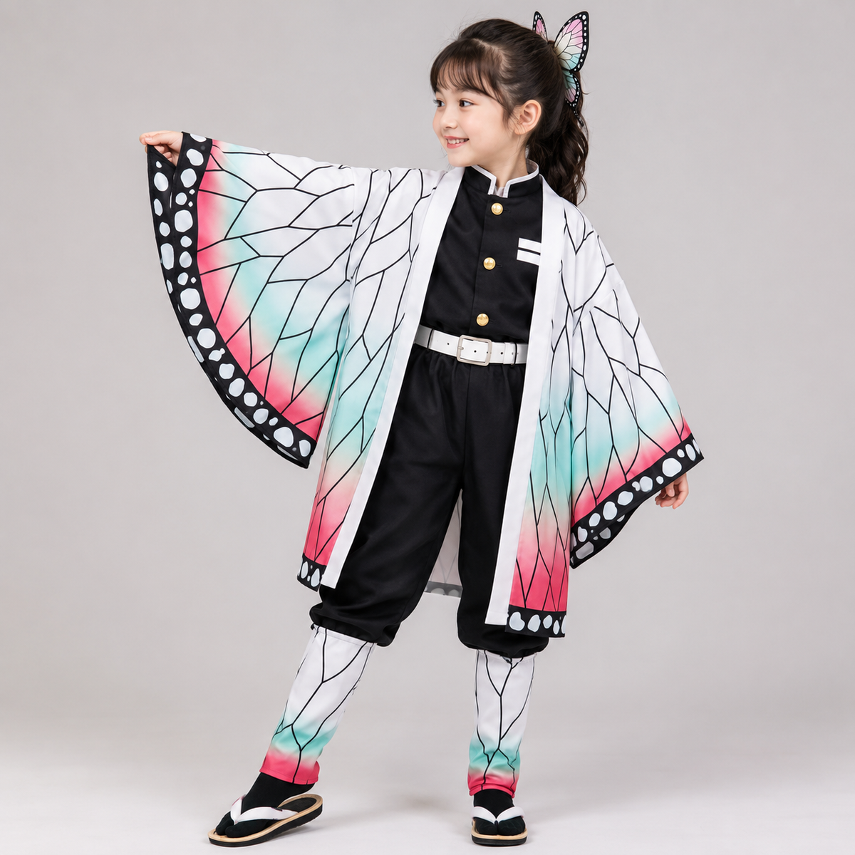 Kids' Anime Cosplay Costume with Butterfly Kimono Coat High-Collar Shirt and Five-Piece Accessories Set - Image 1