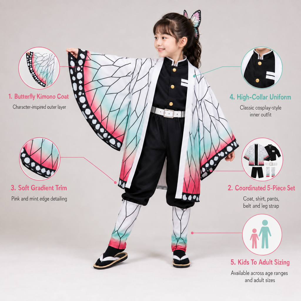 Kids' Anime Cosplay Costume with Butterfly Kimono Coat High-Collar Shirt and Five-Piece Accessories Set - Image 4