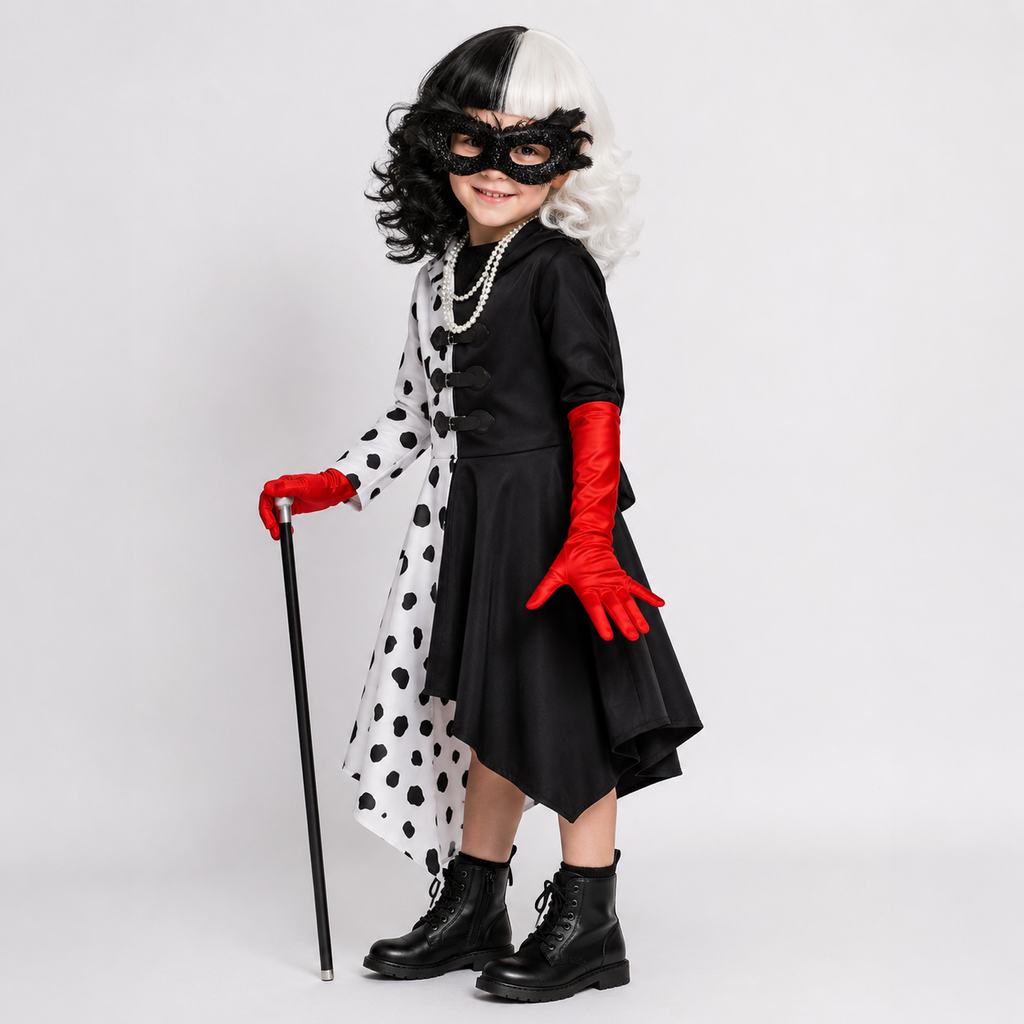 Kids' Black-and-White Spotted Villain Costume Dress with Attached Hood - Image 1