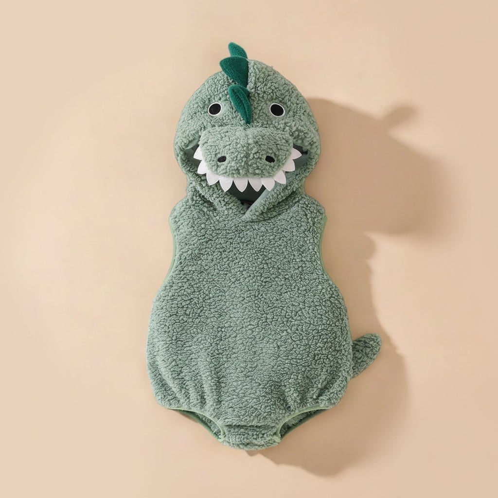 Kids' Dinosaur Costume Hooded Romper with Sherpa Fleece and Stuffed Tail - Image 2